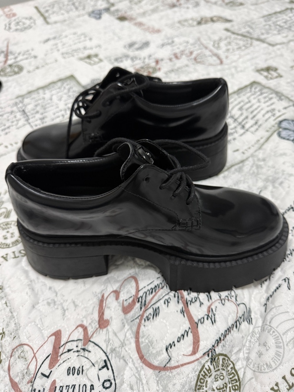 Coach Lyla platform Derby Black Patent Leather Lug Sole Oxfords.